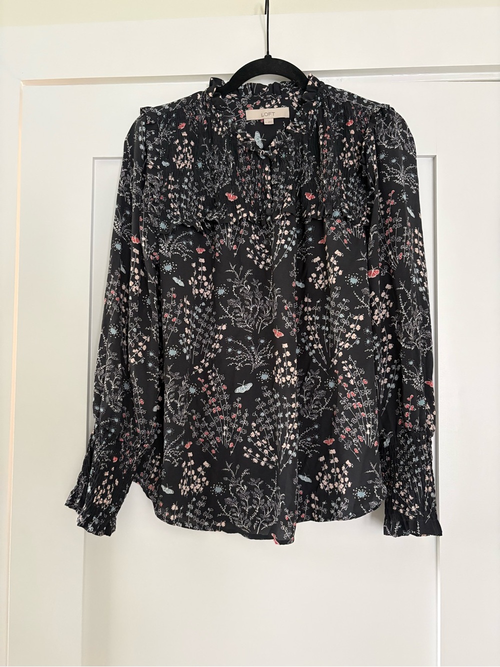 LOFT Floral Butterfly Print Smocked Yoke Blouse Black & Pink